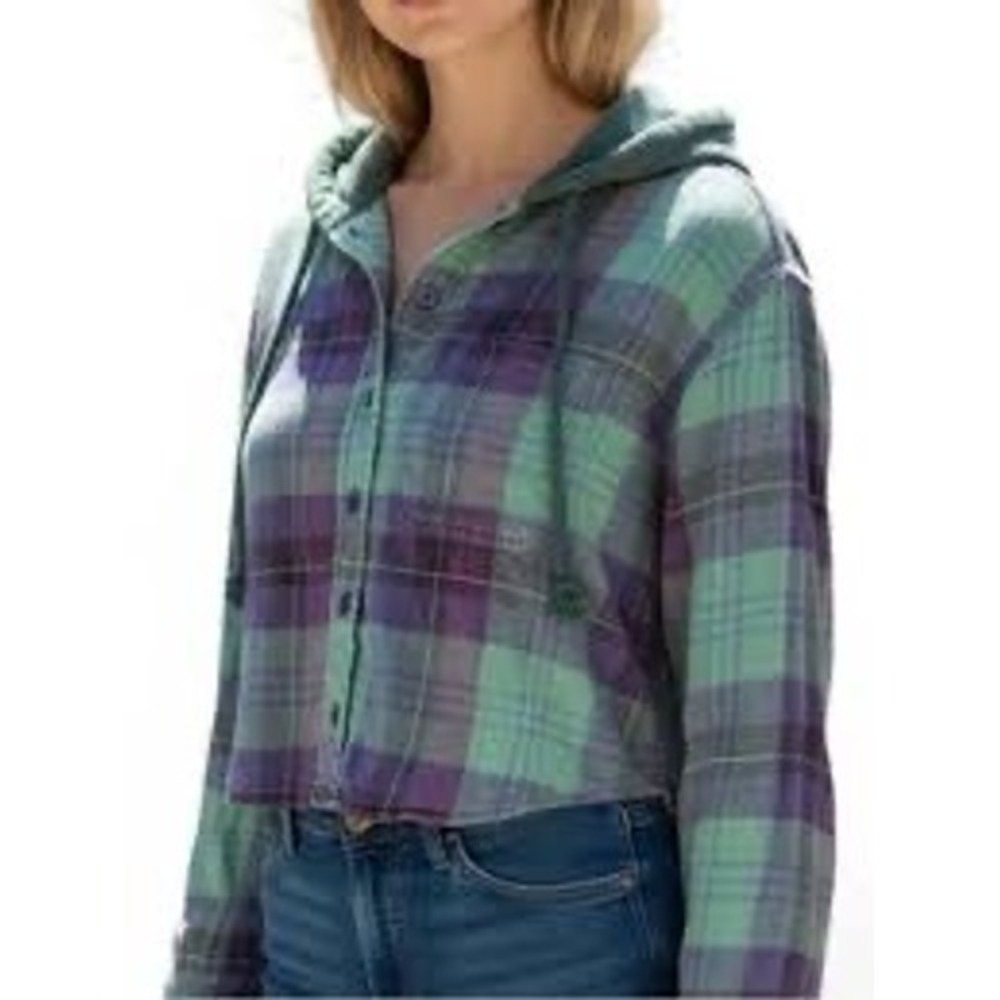 American Eagle Women Plaid Hooded Flannel Shirt Purple Green Cropped Button Down